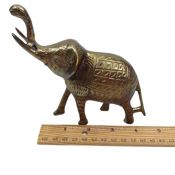 Solid Brass Elephant Sculpture 5" Figurine Trunk Up Good Luck Nice Detail - Picture 11 of 12